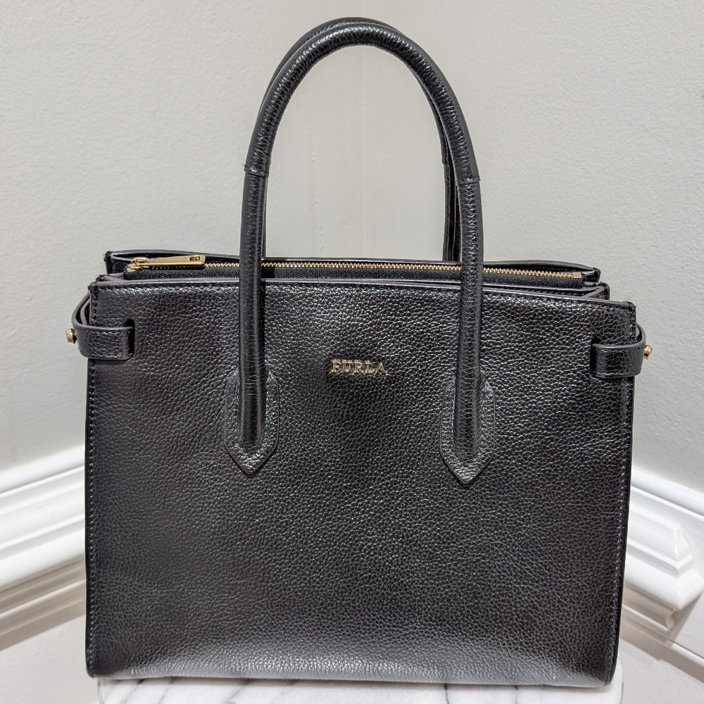 Furla Black Pebble Leather Satchel with Detachable Crossbody/Shoulder strap